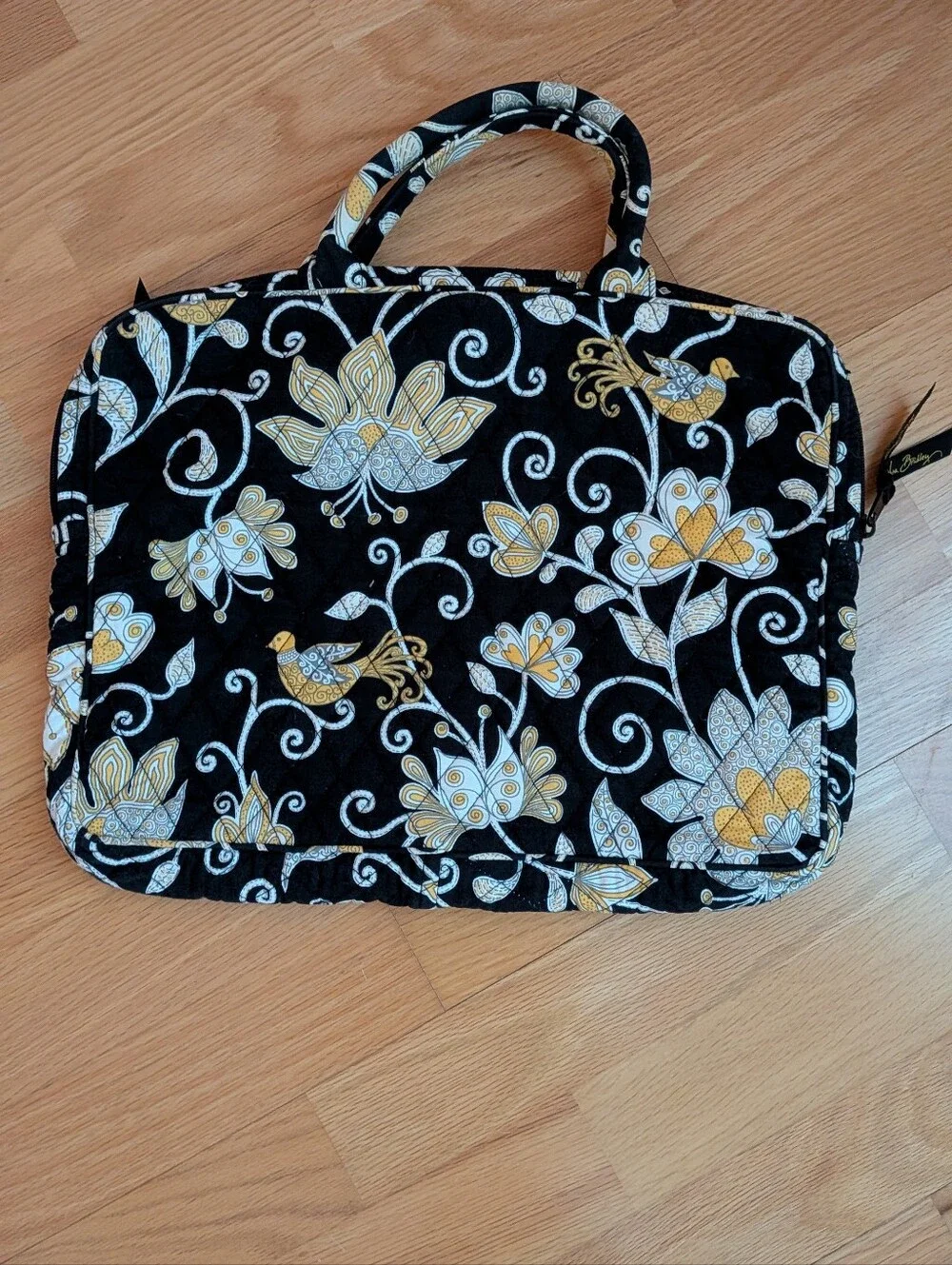 Vera Bradley Black Floral Quilted Laptop Tote with Yellow Accents 15”/ 12”